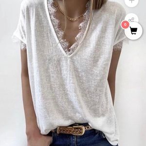 Belinda Fashions White Slub V-Neck Tee with Lace